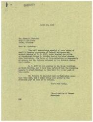 ["The document acknowledges receipt of a letter from federal employees endorsing the passage of H. R. 2497, which is pending in the House Committee on Civil Service. Congressman George B. Schwabe was temporarily absent from Washington but is expected to return soon, and the letter will be brought to his attention."]