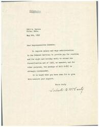 ["The document is urging Representative Schwabe to support Bill S-807, which aims to improve salary and wage administration in the Federal Service, provide pay for overtime and night work, extend the Classification Act of 1923, and other purposes. The sender hopes that Schwabe will support this bill."]