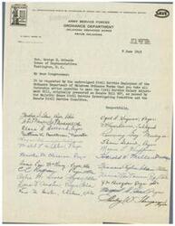 ["The document is a letter addressed to Congressman George B. Schwabe requesting favorable action to pass the Civil Service Salary Adjustment Bill. The document is signed by multiple Civil Service Employees of the Ordnance Department of Oklahoma Ordnance Works. The document also includes contact information for the Oklahoma Ordnance Works and emphasizes the need for all communications to be accompanied by a carbon copy and addressed to the Commanding Officer."]