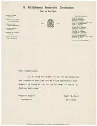["The document is a list of members of the US Customs  Inspectors' Association at the Port of New York, along with a letter addressed to a Congressman requesting support for bills H.R. 2703 and S-807 in the interest of United States Customs employees."]