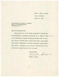 ["The author, Merle J. Soule, is writing to Representative George B. Schwabe to express support for a bill aimed at improving the salaries of government employees. The author highlights the lower salary scale of government employees compared to those in private industries and urges the representative to seriously consider the provisions of the bill (H. R. 2497; S. 595)."]