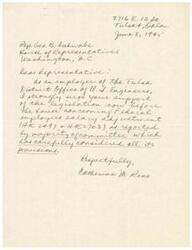 ["Catherine M. Reno, an employee of the Tulsa District Office of the United States Army Engineers, is urging Representative Geo. B. Schwabe to support legislation regarding Federal employees' salary adjustment currently before the House of Representatives. She references bills HR 2497 and HR 2703 and notes that the majority of the committee has carefully considered the provisions of the legislation."]