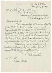 ["The document is a request for support from Congressman Geo. B Schwabe regarding legislation on Federal-salary adjustment. The writer is a member of Union no386 and is hoping for a majority vote in the House on the matter. The document expresses appreciation for any efforts made and hopes to hear a favorable report soon."]