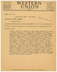 ["The document includes information about different classes of service for telegrams and cables, symbols indicating the type of message, the filing and receipt times, and a message from employees of the Justice Department requesting support for a bill. The message lists multiple names of employees requesting support."]