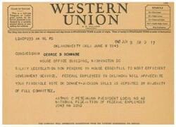 ["The document is about a telegram sent to Congressman George B. Schwabe regarding salary legislation pending in the House that is essential for efficient government service. The sender, Arthur C Petermann, urges the Congressman to vote favorably on the bills. The telegram also mentions that the company appreciates suggestions from its patrons regarding its services."]