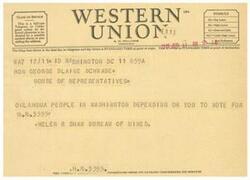 ["The document is a telegram from A.N. Williams, President of Western Union, regarding a vote on bill H.R. 3393. The telegram urges Honorable  George Blaine Schwabe to vote in favor of the bill, which concerns the Bureau of Mines. The telegram emphasizes the importance of the Oklahoma people in Washington depending on Schwabe's vote."]