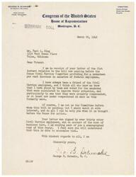 ["The document is a letter from Congressman George B. Schwabe in response to a letter from Earl L. King regarding a bill proposing a seventeen percent increase in salaries for federal employees. Schwabe expresses his support for civil service employees and promises to watch the bill with interest and help when it is brought before the House for action. He also mentions that he is sending a copy of his reply to all the other civil service employees who signed King's letter."]
