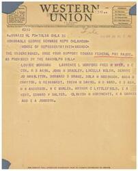 ["The document outlines different types of telegrams and their symbols, as well as the filing and receipt times for telegrams and day letters. It includes a sample telegram urging support for a federal pay raise, signed by multiple individuals. The document also mentions that the company welcomes suggestions from its patrons regarding its service."]
