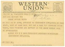 ["This text is about a telegram requesting support for a bill that would provide a base pay increase for government employees. The sender is urging the recipient to attend a meeting in the House on Monday to show support. The telegram also mentions that suggestions from customers about the company's service are appreciated."]