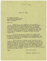 ["Mr. Schwabe received a letter from Mr. Davis suggesting a permanent fifteen percent depletion allowance in income tax rates for those producing Fluorspar. Schwabe forwarded the suggestion to his secretary in Washington who is working with the Legislative Counsel to prepare a proposed bill to introduce in Congress. The Legislative Counsel is currently preparing the bill and it will be ready for Schwabe to introduce after Congress reconvenes. Schwabe suggests that Davis or others interested in the production of Fluorspar appear before the committee to offer evidence in support of the proposed measure. Schwabe will keep Davis updated on the progress of the bill."]