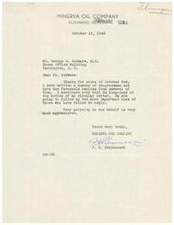 ["The Minerva Oil Company in Eldorado, Illinois, is thanking Mr. George B. Schwabe for his assistance in contacting congressmen regarding a bill. They have received favorable replies and are following up with those who have not responded. They appreciate Mr. Schwabe's support."]