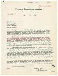 ["The document is a correspondence between C. R. Musgrave of Phillips Petroleum Company and George B. Schwabe, a Member of Congress, regarding H. R. 2536, the Bullwinkle Bill. Musgrave expresses his support for the bill and criticizes the Department of Justice for filing an anti-trust suit against the railroads. Schwabe appreciates Musgrave's support and expresses interest in meeting to discuss the bill further. They plan to meet in Bartlesville on August 21st."]