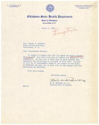 ["The document is from G. F. Mathews, Commissioner of Health in Oklahoma, to Congressman Schwabe regarding Senate Bill 191 to amend the Public Health Service Act. Mathews expresses support for the bill and states that the State of Oklahoma can comply with its provisions, which will be beneficial for the people of Oklahoma."]