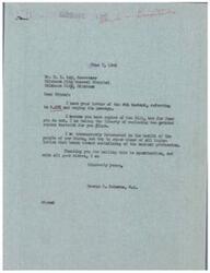 ["The document is from R.L. Loy, Secretary of Oklahoma City General Hospital, urging United States Congressman George B. Schwabe to support the passage of Bill S.191 for the health of the people of Oklahoma. Schwabe expresses his interest in health but mentions his avoidance of legislation that socializes the medical profession. He thanks Loy for bringing the Bill to his attention and wishes him well."]