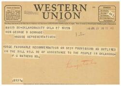 ["The document is a telegram from Joseph L. Egan, the President of Union Ship Radiogram, urging George B. Schwabe to recommend provisions outlined in the S191 bill to help the people in Oklahoma. The telegram was sent from Oklahoma City on July 27, 1946."]