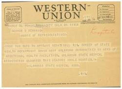 ["The document is about Western Union symbols and class of service for telegrams and cables. It includes information about different symbols for day letter, night letter, deferred cable, and deferred character. The document also includes a radiogram message urging a vote to approve Senate Bill 191 for additional health facilities in Oklahoma. The company welcomes suggestions from its patrons regarding its service."]