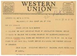 ["The document is a telegram urging action on the Wagner-Ellender-Taft General Housing Bill in Congress to address the housing shortage. It is signed by Dean Baugh, Executive Secretary of the Oklahoma State Federation of Labor, and requests support from Congressman Geo Schwabe."]
