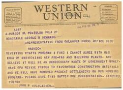 ["The document is a telegram from John W Colclazier to Honorable George B Schwabe, discussing the disagreement with subsidizing new pre-fab and millwork plants and suggesting revising prices to favor house construction materials instead. It also mentions removing present bottlenecks on the housing program."]