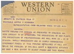 ["A telegram is sent to Honorable George B. Schwabe regarding a housing program for prefabricated housing and mill work. The sender believes that subsidizing new plants for production is unnecessary and suggests that adjusting prices would be a more effective solution to the housing problem. The sender urges Schwabe to give the matter serious attention."]