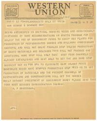 ["The document discusses different symbols used in telegrams and cables to indicate the class of service. It also includes a message expressing concerns about using government funds for prefabricated houses and suggesting that the quickest way to address housing needs is to eliminate unjust price schedules. The document ends with a request for suggestions from patrons regarding the company's service."]