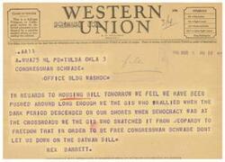 ["The document provides information on Western Union symbols for different classes of service, such as Day Letter, Night Letter, Deferred Cable, and Cable Night Letter. The document also includes a ship radiogram from A. N. Williams, President, regarding a housing bill and a request for suggestions from patrons regarding their service."]