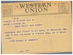 ["The document is a series of telegrams regarding the acceptance of distressed families of servicemen and veterans for occupancy in housing units. The messages discuss efforts to persuade the Federal Public Housing Authority to rent 200 houses to veterans and express appreciation for their cooperation. The sender also requests further information and clarification on the decision to withhold prefabricated houses from veterans in need."]