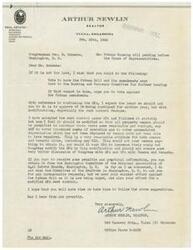 ["Arthur Newlin, a realtor from Tulsa, Oklahoma, wrote a letter to Congressman Geo. B. Schwabe regarding the Patman Housing bill pending before the House of Representatives. He urged Schwabe to either send the bill back to the Banking and Currency Committee for further review or to vote against the amendments. Newlin also expressed his support for continuing the OPA with modifications, particularly in regards to rent control. He suggested allowing property owners to increase rents by a reasonable percentage to cover increased costs of operation and accumulated depreciation. Newlin requested Schwabe's support in these matters and recommended seeking information from the National Association of Real Estate Boards in Washington, D.C. He hoped to hear back from Schwabe promptly."]