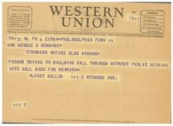 ["The document includes information about class of service for Western Union telegrams, symbols indicating different types of messages, the standard time for filing and receiving messages, and a message regarding a bill being pushed through congress without a public hearing. It also mentions the company's willingness to receive suggestions from customers about its service."]