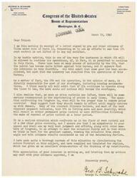 ["George B. Schwabe, a member of Congress from Oklahoma, received a letter from citizens of Tulsa requesting him to advocate for the continuation of rent control by the Office of Price Administration (OPA). Schwabe acknowledges the concerns about shortages and price increases that may result from lifting price controls, but also notes the public's dissatisfaction with the OPA due to abuses of authority. He promises to consider the issue carefully and act in the best interest of his constituents. Schwabe has surveyed his district on the issue and will use the feedback to inform his decision-making process."]