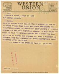 ["The document discusses different symbols and classes of service for Western Union telegrams and cables. It also includes a message regarding a protest against a bill that would impose a ceiling on houses under $10,000 and subsidize inefficient manufacturers of building materials. The sender, K C Burns from United Brick and Tile Co, is against the bill and believes they are doing everything possible to meet the demand for brick and tile for veterans' housing. The company welcomes suggestions from its patrons regarding its service."]
