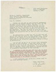 ["The author is inquiring about the disposition of the prefabricated homes built for the Oklahoma Ordnance Works at Pryor, Oklahoma, now that the plant has been declared surplus property. They are interested in purchasing several of these homes and moving them to Tulsa or Bartlesville. They are seeking information on who to contact about the sale of the property and express appreciation for the work of Congressman George B. Schwabe."]