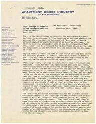 ["The Apartment House Industry of San Francisco is protesting against the OPA rent control system and is requesting fair rent committees to be established to determine the fairness of rents. They believe that the current system is unjust and inefficient, and are proposing a new system where unpaid citizens serve on committees to determine rent fairness promptly and without cost to the government. They suggest that these committees should have the power to make decisions on rent fairness and evictions, and should be composed of various members of the community. They argue that this new system would provide prompt justice and better satisfy the American people."]