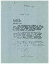["The document is from George B. Schwabe, a member of Congress, responding to a letter from Dr. J. S. King regarding a property purchased from the HOLC. Schwabe expresses his belief that government bureaus like the HOLC can be destructive and advocates for their abolishment. Dr. King requests Schwabe's help in dealing with additional demands from a bureaucratic official related to the property purchase. The official is trying to prolong the lease and make additional payments, causing financial loss to Dr. King. Schwabe acknowledges the situation but states he is unable to intervene."]
