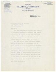 ["The document is written by the Board of Directors of the Nowata Chamber of Commerce to Honorable George B. Schwabe regarding the potential purchase of twenty-five houses near a powder plant in Pryor. The directors express the city's need for additional housing and interest from potential buyers. They seek information on when the houses will be sold, the selling process, and how to ensure a chance to purchase the houses. They request that the houses be sold to individual purchasers rather than a salvage company."]