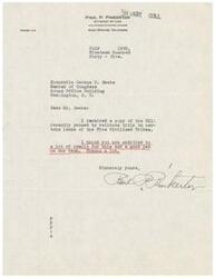 ["The sender, Paul P. Pinkerton, is writing to Congressman George B. Schwabe to thank him for his efforts in passing a bill to validate title to certain lands of the Five Civilized Tribes. Paul commends George for his work and expresses his gratitude."]