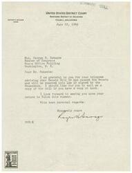 ["Royce H. Savage writes to Honorable  George B. Schwabe thanking him for informing him that Senate Bill 54 has passed the Senate and will become law if signed by the President. He requests a copy of the bill and looks forward to seeing Schwabe in Tulsa during the summer. The document ends with a message to buy war bonds and stamps for victory."]