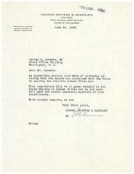 ["The law firm of Conner, Winters & Randolph in Tulsa, Oklahoma, sent a letter to George B. Schwabe in Washington, D.C., thanking him for informing them that the Senate has passed the Curative Indian Title Act. They believe this legislation will benefit those dealing with Indian titles and will be approved by constituents."]