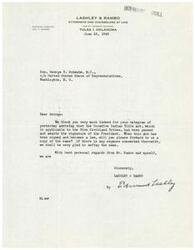 ["The law firm of Schwabe Coll Lashley & Rambo is writing to Honorable  George B. Schwabe to thank him for advising them that the Curative Indian Title Act has been passed and awaits the President's signature. They request a copy of the Act and offer to cover any expenses associated with it. The document is signed by Edmund Lashley on behalf of the firm."]