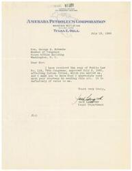 ["The document is from Jack Langford of Amerada Petroleum Corporation to Honorable  George B. Schwabe, thanking him for sending a copy of Public Law No. 116, 79th Congress, approved on July 2, 1945, which affects Indian titles. Langford expresses his appreciation for the Act, stating it is of value to him."]