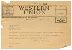 ["The document is a telegram sent by W. C. Franklin to George B. Schwabe regarding a bill validating Indian land titles in certain partition cases. Franklin requests information on the status of the bill in the Senate and asks for a wire response on whether the report was favorable or unfavorable and if the bill is likely to be passed soon."]
