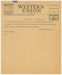 ["The document is a message sent by A.N. Williams, President of Union Time Filed, to various individuals and companies in Tulsa and Bartlesville, Oklahoma regarding the passing of S. 54, a curative Indian Title Act applicable to five civilized tribes. The message urges recipients to buy war bonds and provides information about the bill passed by the Senate and awaiting the signature of the President. The message is sent as a telegram and includes the names of various attorneys and oil companies in the area."]