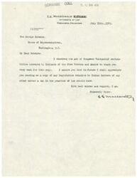 ["The sender, C.S. MacDonald, received a copy of an Act of Congress validating certain titles conveyed by Indians of the Five Tribes from George Schwabe. MacDonald thanks Schwabe and requests to be sent copies of any future legislation related to Indian Matters or other important legal matters."]