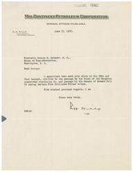 ["The document is a letter from R. H. Wills, Vice President and General Counsel of Mid-Continent Petroleum Corporation, to Honorable George B. Schwabe, thanking him for his support in the passage of certain resolutions related to Native American tribal titles."]