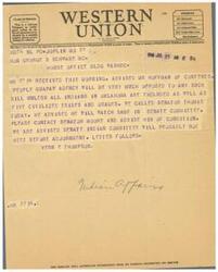 ["The document is about Western Union symbols and class of service for telegrams and cables. It includes information about Day Letters, Night Letters, Deferred Cablegrams, and Ship Radiograms. The message is a communication regarding opposition to a bill by the Quapaw Agency and a request to contact Senator Moore. The document also mentions the Senate Indian Committee and the filing and receipt times for telegrams."]