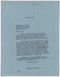 ["George B. Schwabe, a member of Congress, is writing to Senator E. H. Moore to thank him for his interest in H.R. 2294, a bill related to determining heirship of deceased Indians. The Senator had indicated that he may seek an amendment to exclude Oklahoma Indians from the bill's operations. Schwabe expresses appreciation for the Senator's involvement and extends good wishes."]