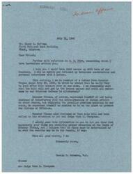 ["The document is a letter from Congressman George B. Schwabe to Mr. Henry E. Hoffman regarding H.R. 2294, a bill concerning Indian Affairs. Schwabe informs Hoffman that he has spoken with Senator Thomas about the bill and received a response indicating that the bill will not pass the Senate unless references to Oklahoma Indians are eliminated. Senator Thomas expresses a desire to protect the interests of Oklahoma Indians while not interfering with Indian affairs in other states. Schwabe reassures Hoffman that his views are being considered and that there should be no concerns about the outcome of the bill in the Senate."]