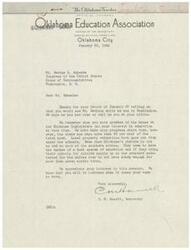 ["The document is a series of letters between the Oklahoma Education Association, Representative George B. Schwabe, and the National Education Association regarding Federal Aid Bill S. 181 and H. R. 1296, which aim to provide financial aid to public schools. The documents express appreciation for support, inform about representatives attending hearings, and request support for the legislation. The documents emphasize the importance of the bills for the educational progress and future welfare of Oklahoma."]