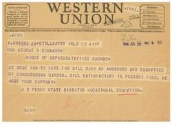 ["The document is a communication urging a representative to vote for a specific bill, S619, as amended and submitted by Congressman Barden. The sender, JB Perky, State Director of Vocational Education, requests support for the bill and mentions that the company welcomes suggestions from its patrons regarding its service."]