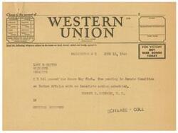 ["The document is a telegram regarding the status of bill H R 341, which has passed the House and is now pending in the Senate Committee on Indian Affairs. The sender is requesting information from Levi B Gritts in Muskogee, Oklahoma. The telegram is sent by George B. Schwabe, a member of Congress."]
