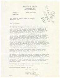 ["The law firm of Macdonald & Files is writing to Honorable  Wesley E. Disney, a Member of Congress, regarding a bill authorizing the payment of the Osage Civilization Fund claim. They suggest that Disney focus his efforts on supporting the Senate Bill, which has already passed, in order to increase the chances of it being passed by the House. They explain the importance of the bill to the Osage Tribe and the citizenship of Osage County, and express frustration over previous unsuccessful attempts to pass similar legislation. They request an update on the status of the bill."]